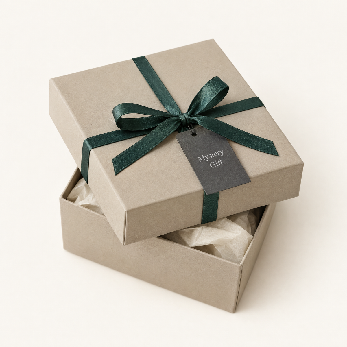 Mello Essentials mystery gift box with green ribbon