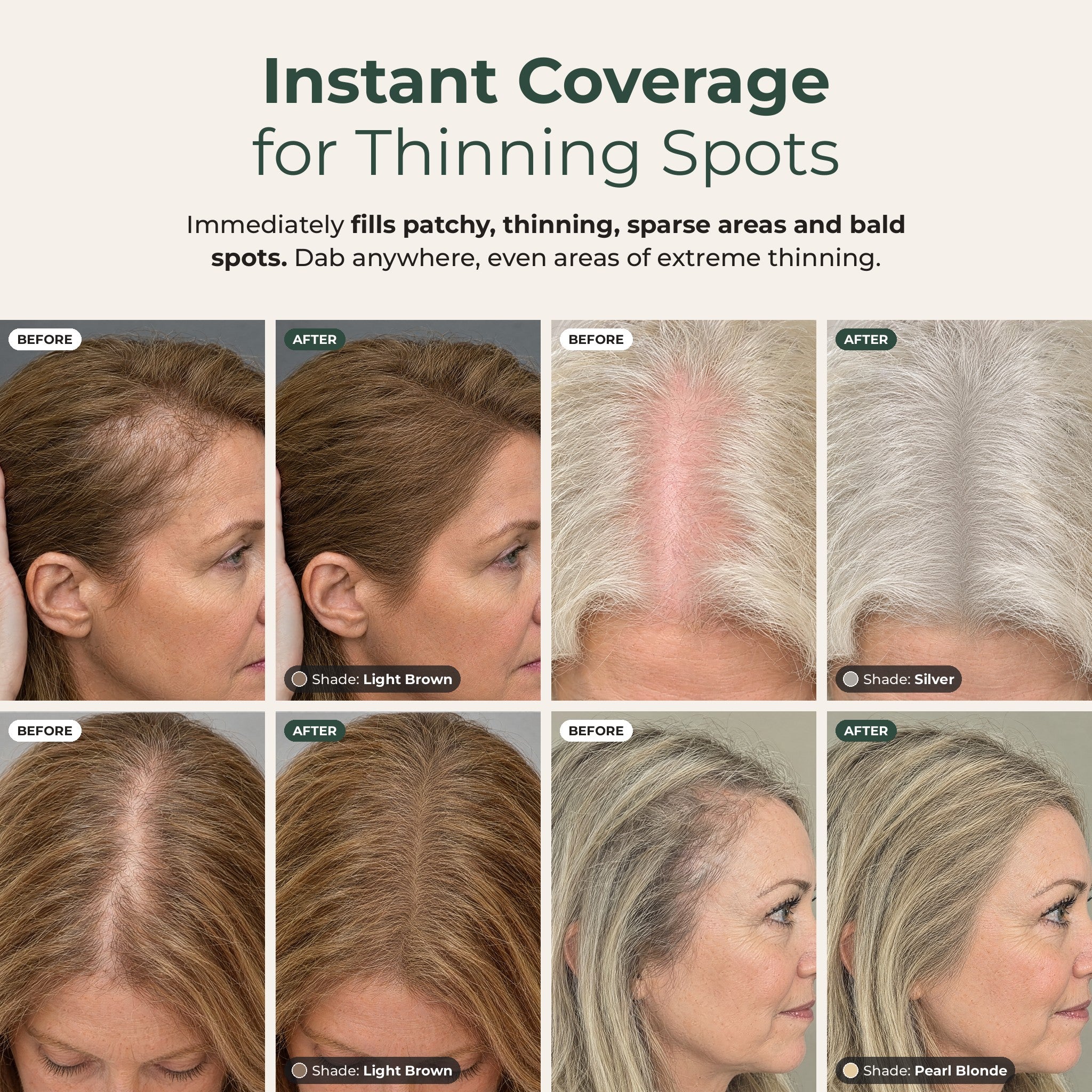Before and after: instant coverage for thinning spots on the part, temples and hairline