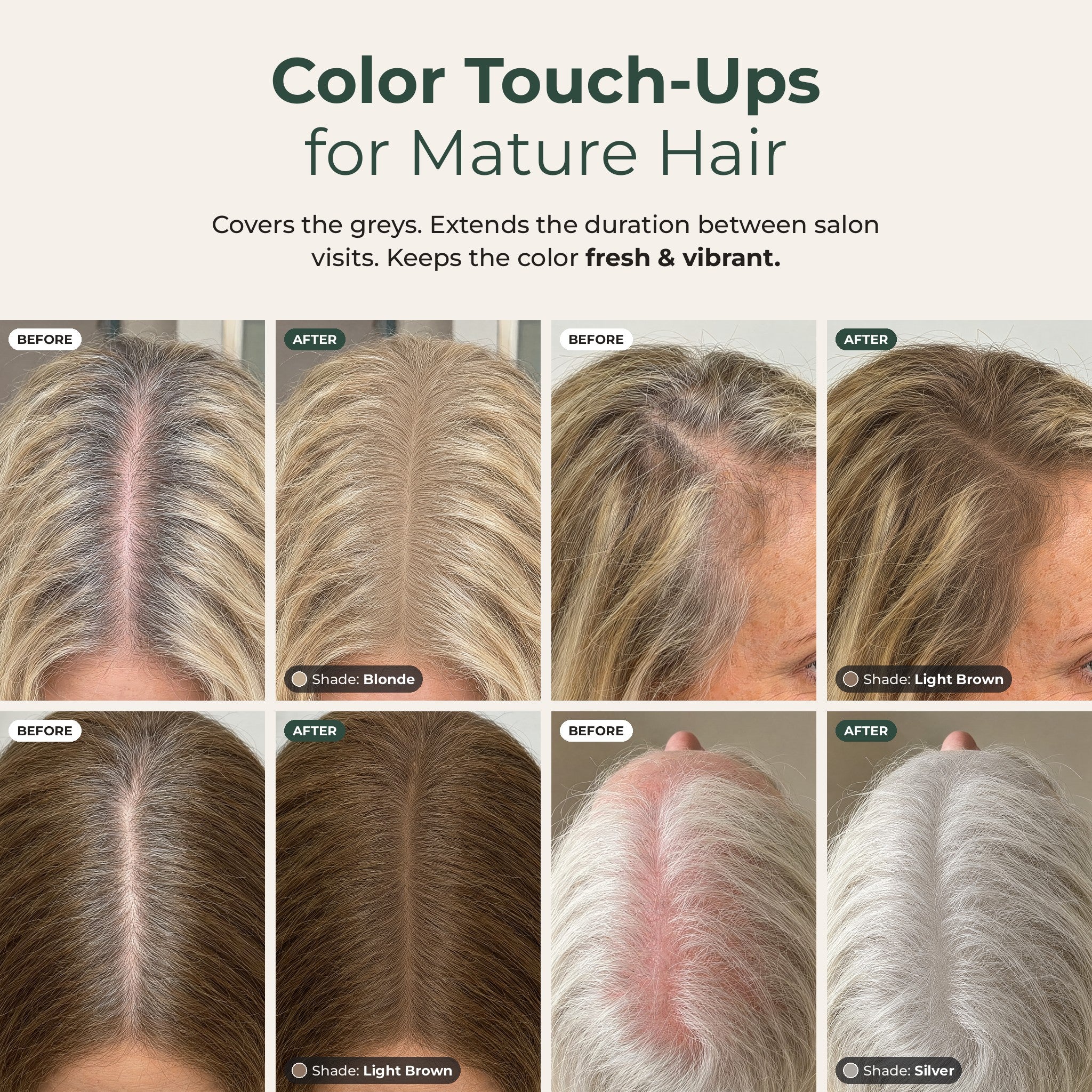 Before and after: color touch-ups for gray roots on blonde, brown and silver hair