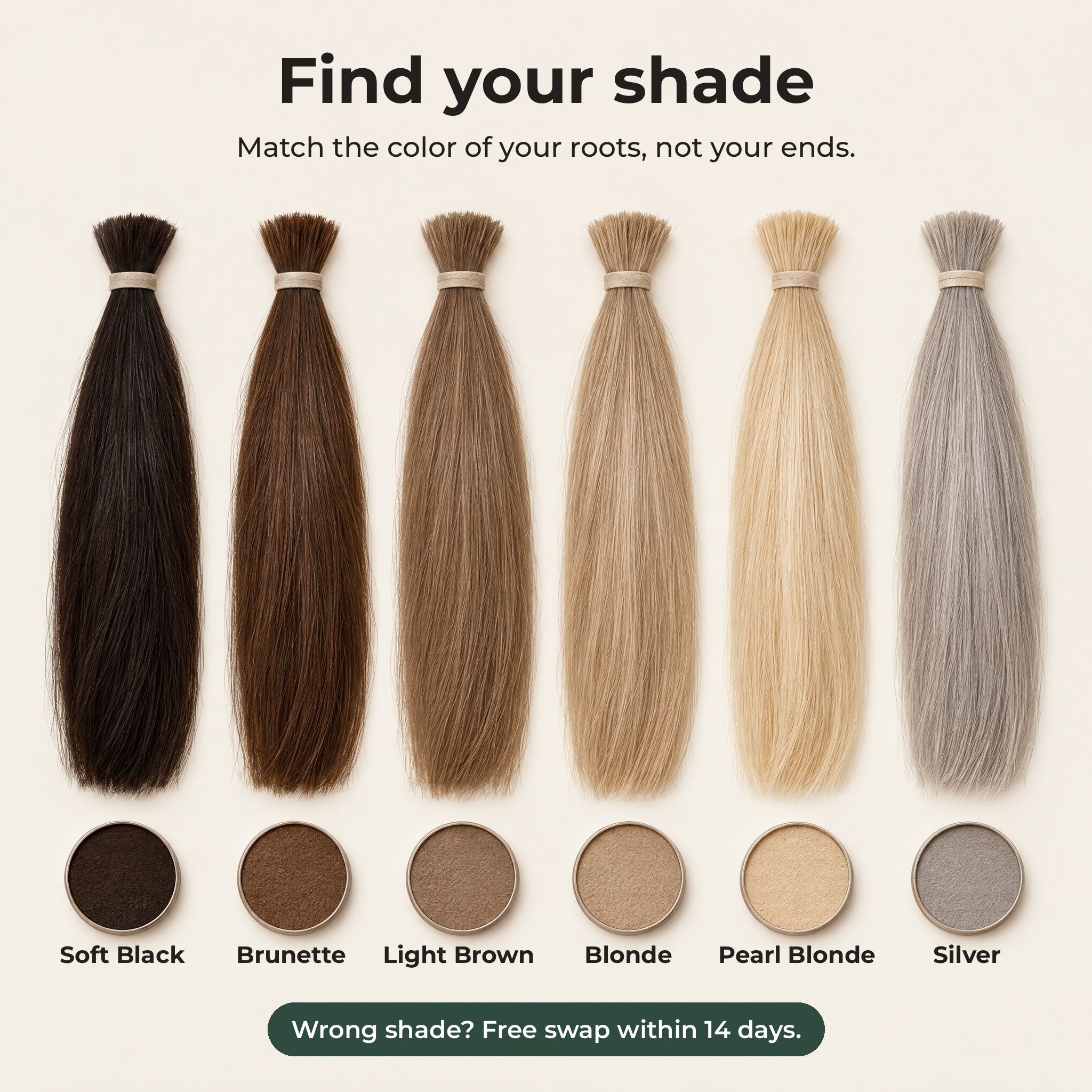 Find your shade: Soft Black, Brunette, Light Brown, Blonde, Pearl Blonde, Silver