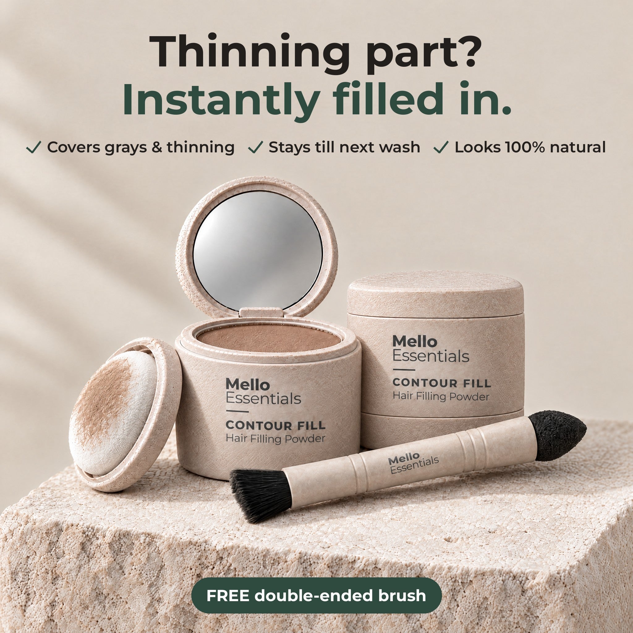 Contour Fill compact, applicator and free double-ended brush — Thinning part? Instantly filled in.