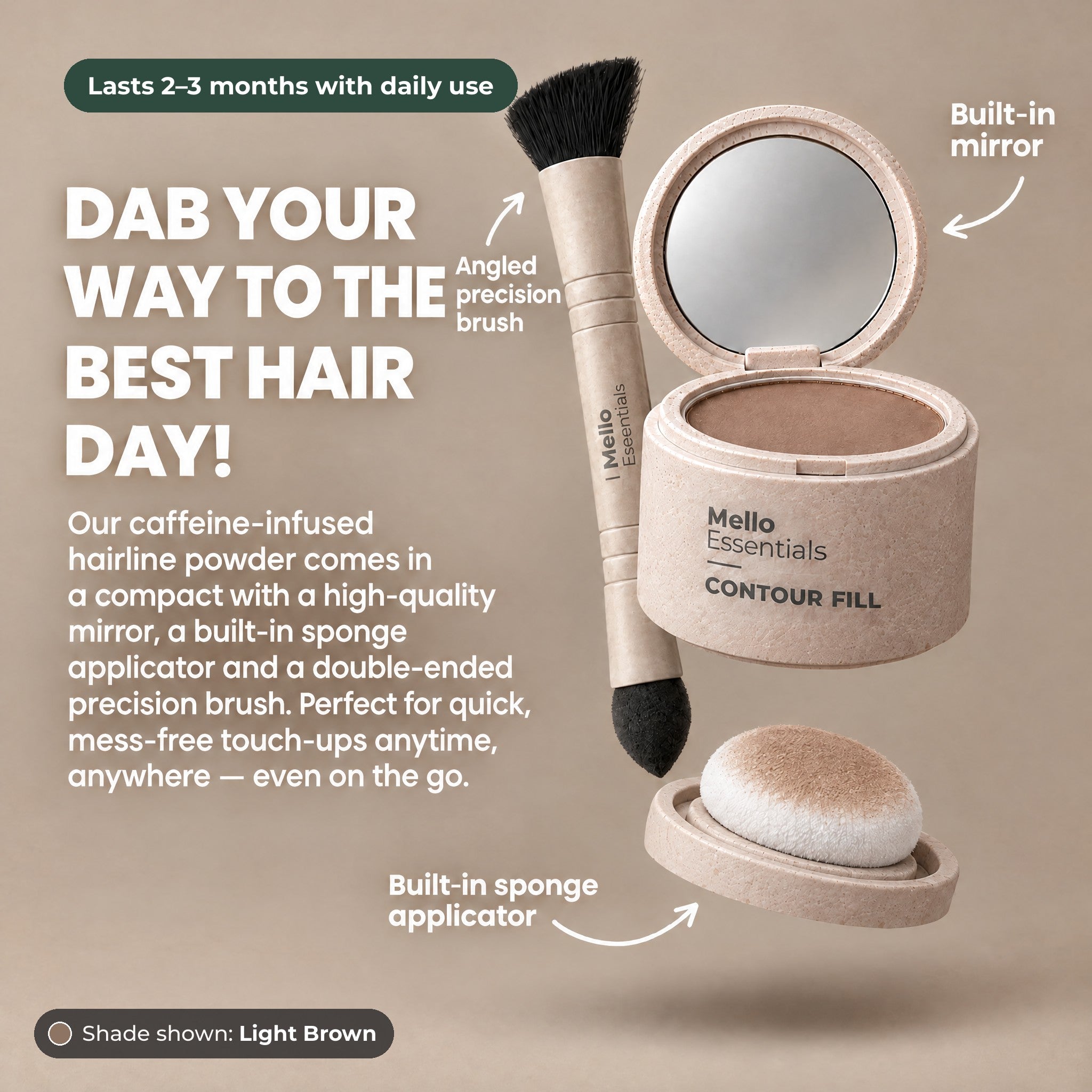 What's inside: built-in mirror, built-in sponge applicator and angled precision brush