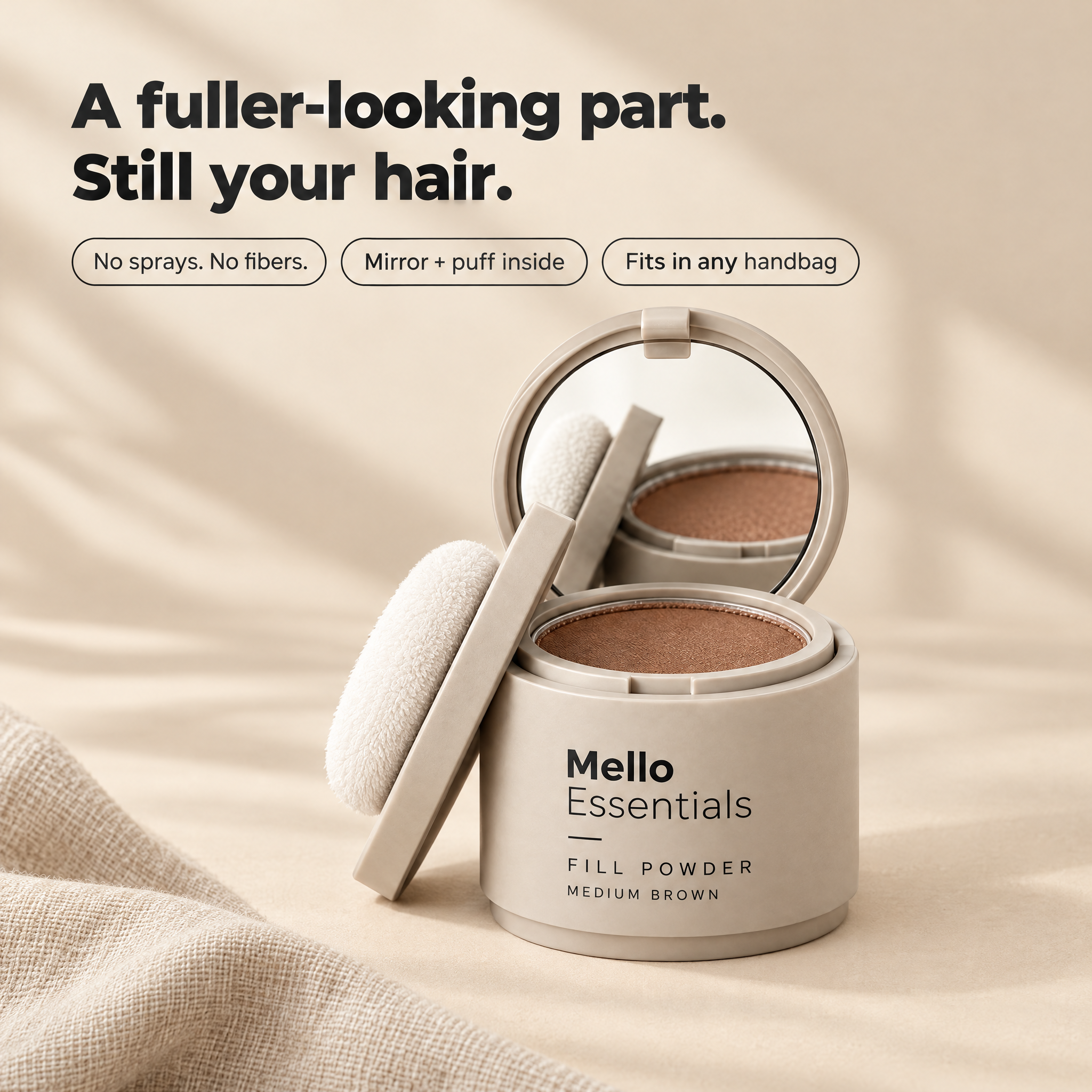Mello Part Filler compact with headline A fuller-looking part. Still your hair.