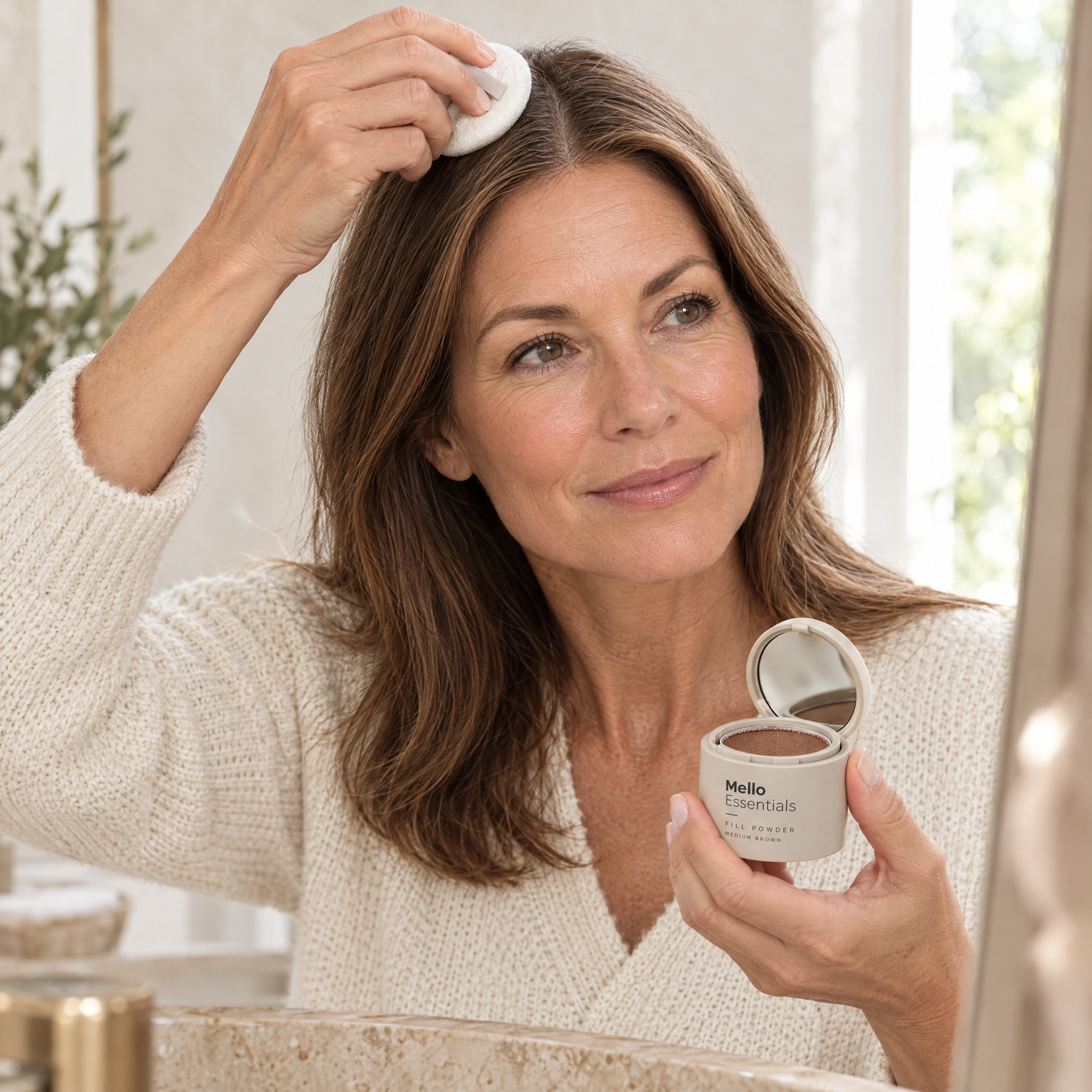 Woman in her 50s applying Mello fill powder along her hair part