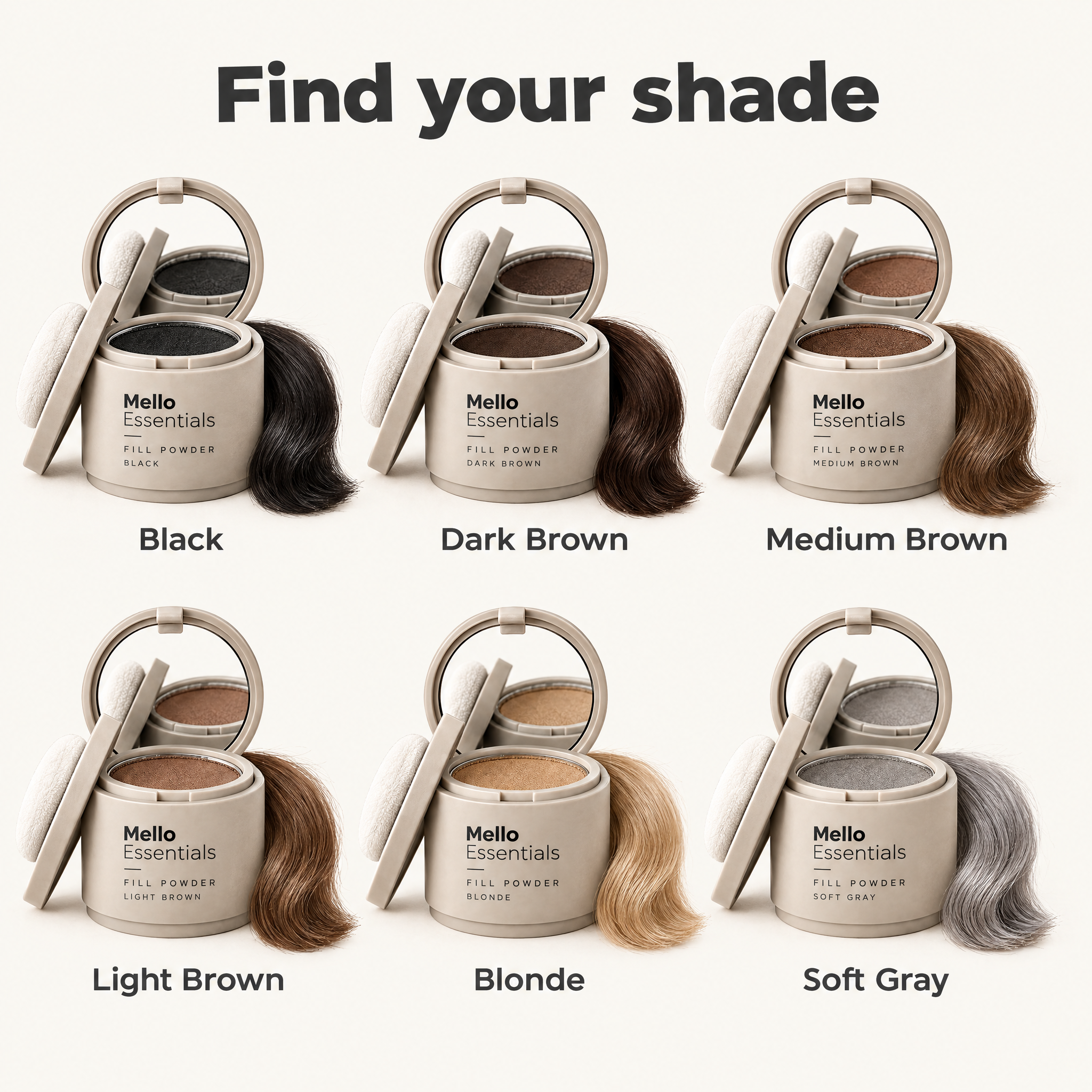 Shade guide: Black, Dark Brown, Medium Brown, Light Brown, Blonde, Soft Gray